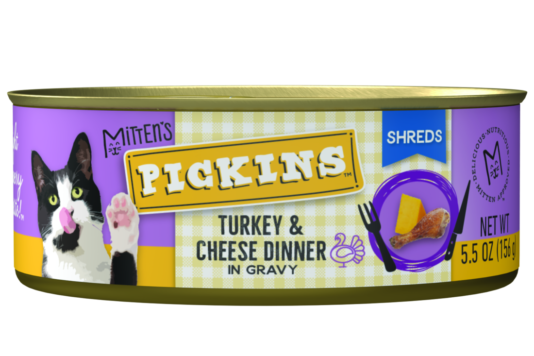 Mitten's Pickins Wet Cat Food, Turkey & Cheese Dinner Shreds In Gravy, 5.5 Ounces