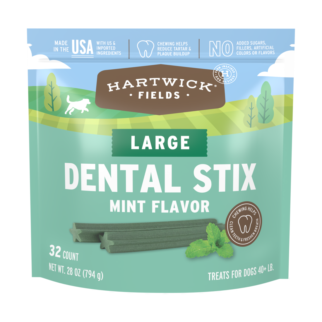 Hartwick Fields Dental Stix, Mint Flavor, Large, 32 Count