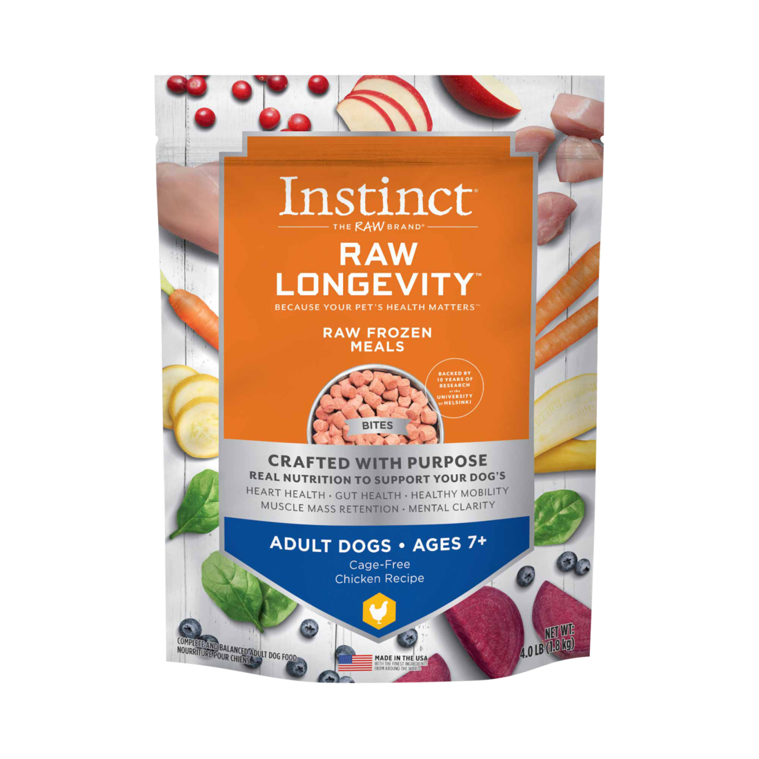 Instinct Raw Longevity Adult Ages 7+ Frozen Chicken Bites Dog Food, 4 Pound Bag - Not Available For 