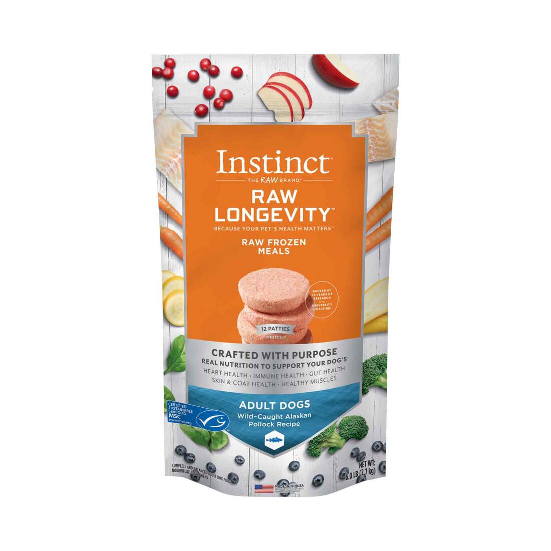 Instinct Raw Longevity Adult Frozen Pollock Patties Dog Food, 6 Pounds - Not Available for Delivery