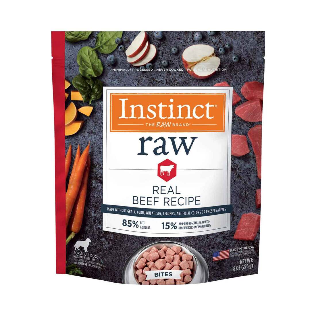 Instinct Frozen Raw Bites Grain-Free Real Beef Recipe Dog Food, 8 Ounce Bag - Not Available for Deli