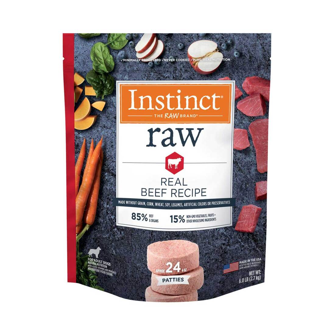 Instinct Frozen Raw Patties Grain-Free Real Beef Recipe Dog Food, 6 Pound Bag - Not Available for De