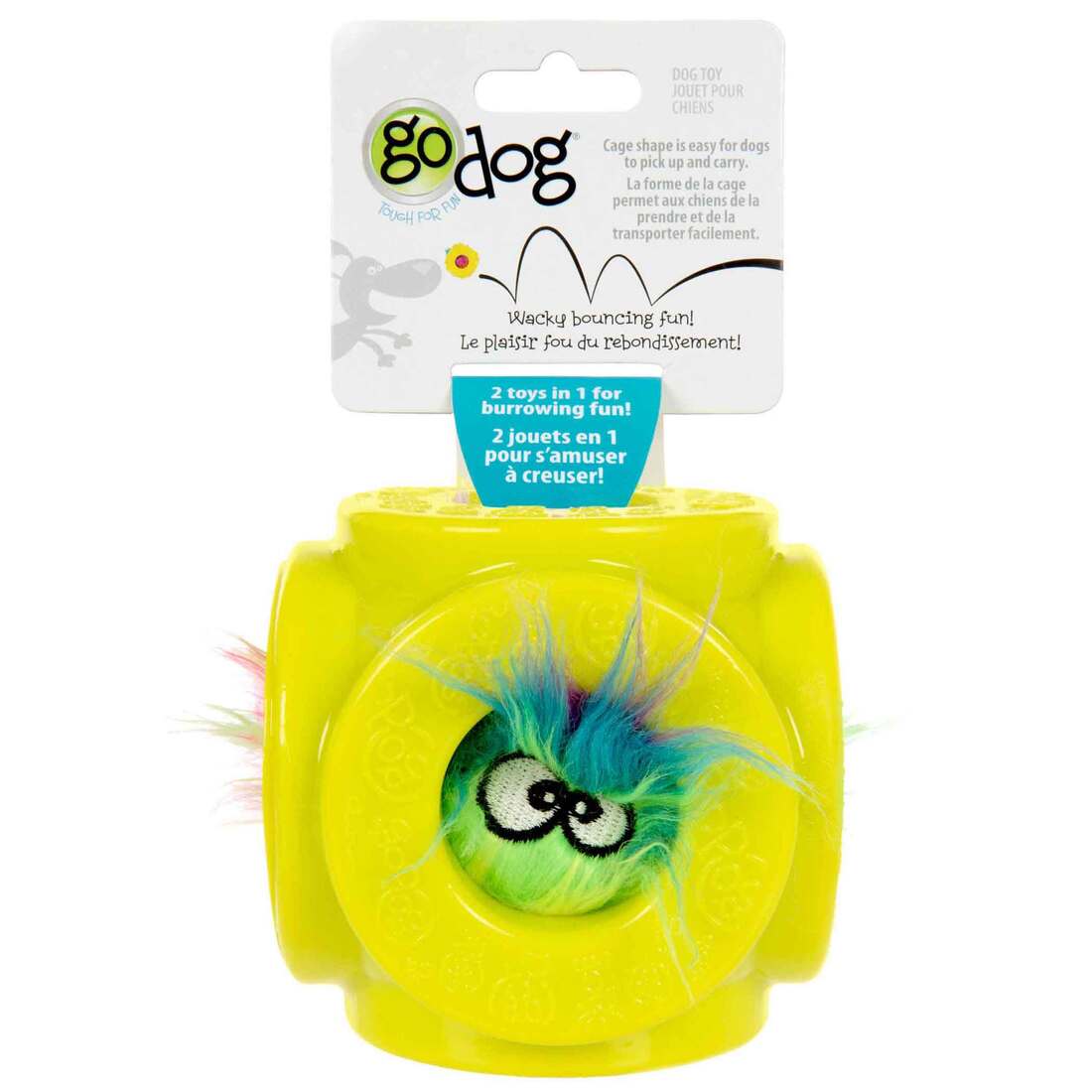 goDog Cage Ball 2-in-1 Burrow Bouncer with Rainbow Furballz Squeaky Plush Dog Toy