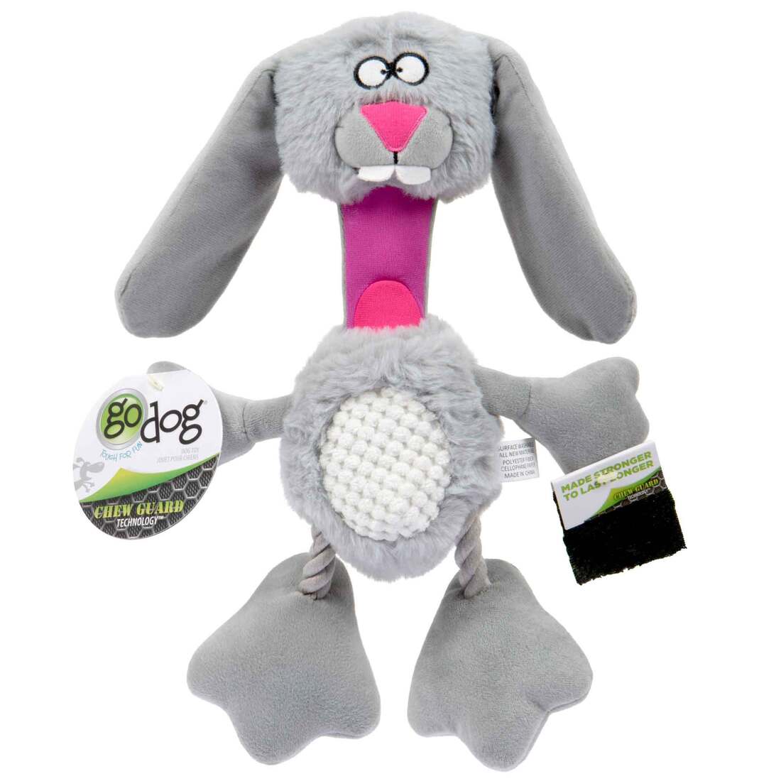 goDog Multi Tugs Rabbit Squeaky Plush & Rope Dog Toy With Chew Guard Technology, Grey, Small