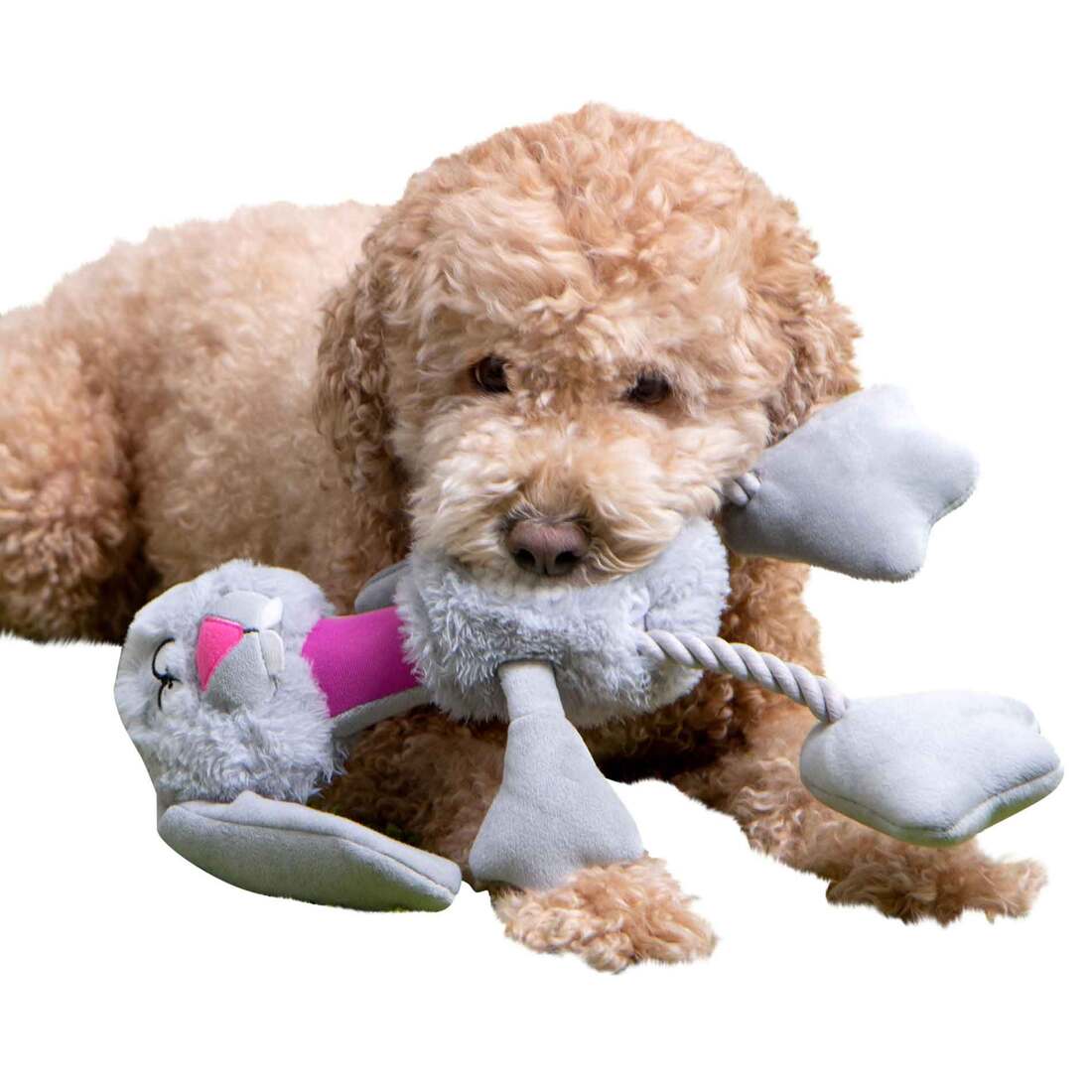 goDog Multi Tugs Rabbit Squeaky Plush & Rope Dog Toy With Chew Guard Technology, Grey, Small