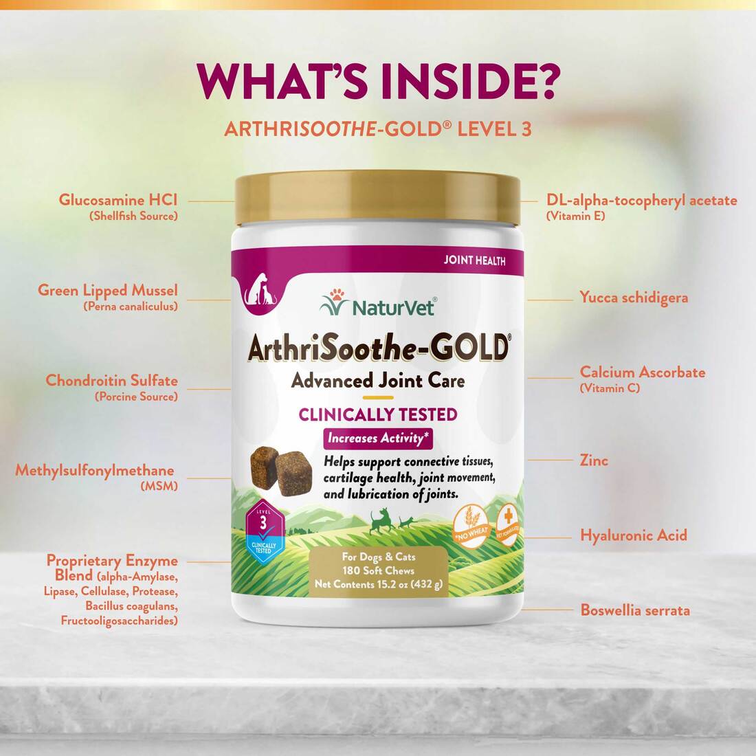 NaturVet Clinically Tested ArthriSoothe Gold Level 3 Joint Care Soft Chew, 180 Count