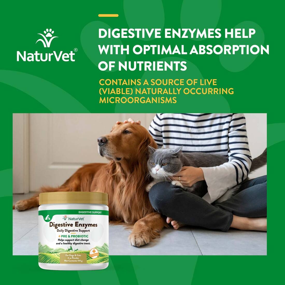 NaturVet Digestive Enzymes Plus Probiotics Powder, 4 Ounces