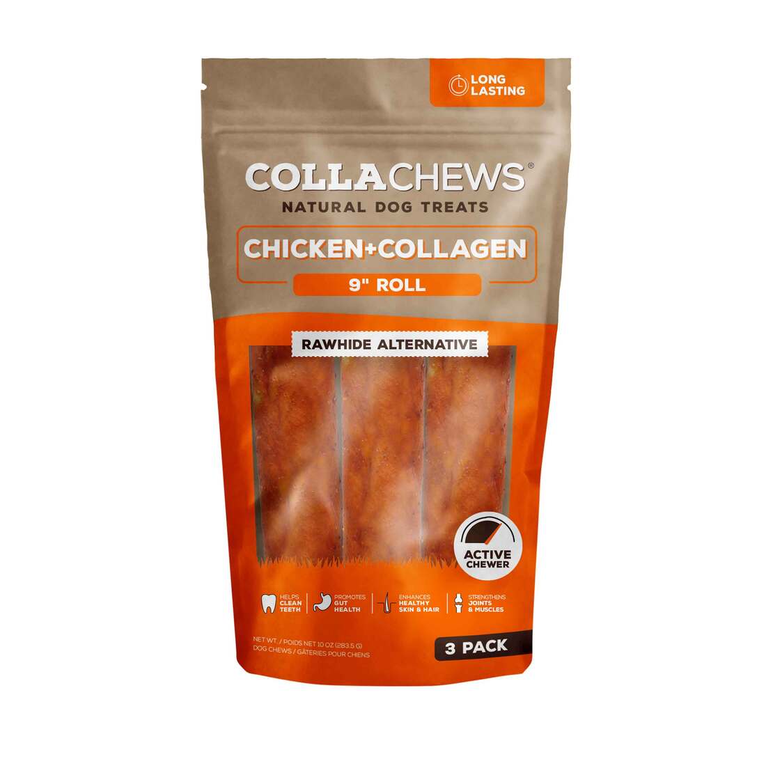 Collachew Collagen Roll Dog Treat, Chicken, 9 Inches, 3 Pack