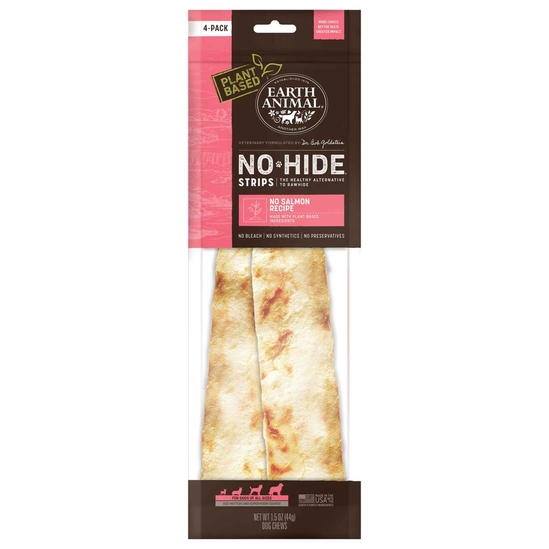 Earth Animal No-Hide Strips No Salmon Recipe Natural Rawhide Alternative Dog Chew Treat, 4 Pack