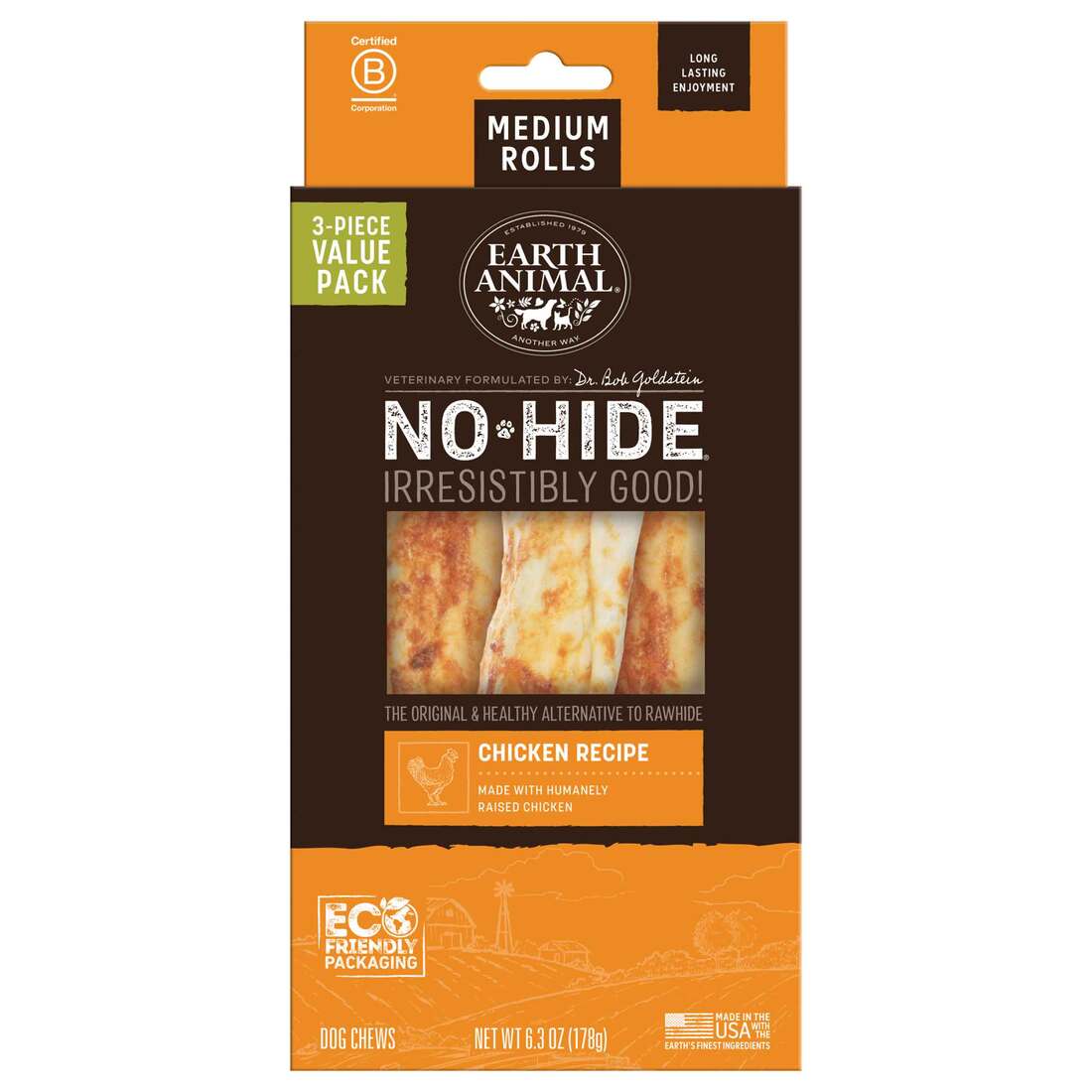 Earth Animal No-Hide Rolls Natural Rawhide Alternative Dog Chews, Chicken Recipe, Medium, 3 Pack Val