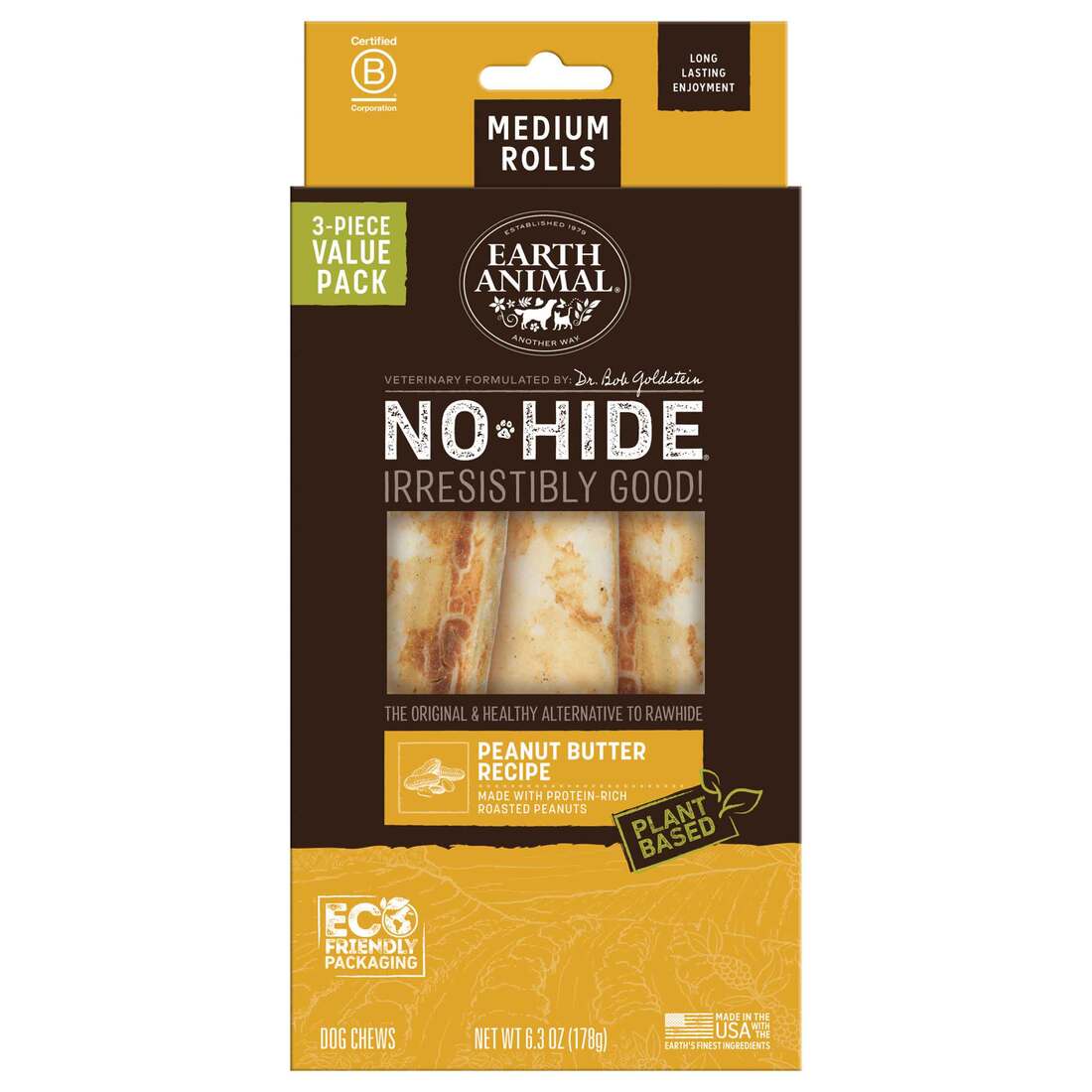 Earth Animal No-Hide Rolls Natural Rawhide Alternative Dog Chews, Peanut Butter Recipe, Medium, 3 Pa