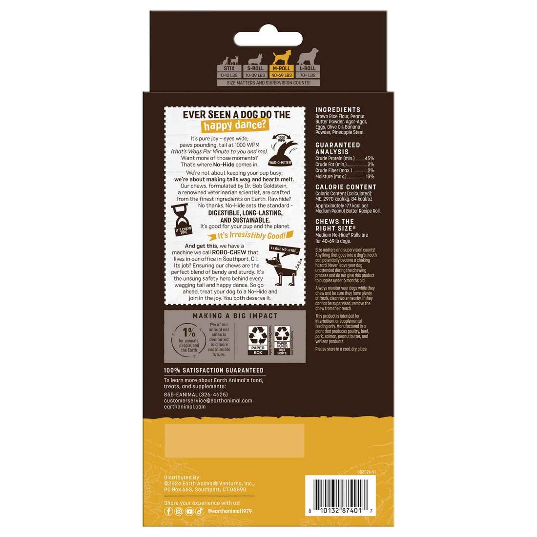 Earth Animal No-Hide Rolls Natural Rawhide Alternative Dog Chews, Peanut Butter Recipe, Medium, 3 Pa