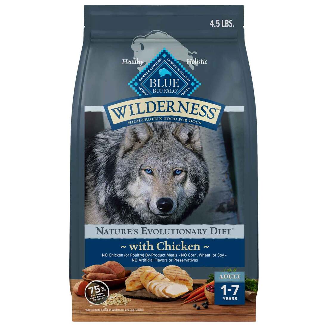 Blue Wilderness High Protein Natural Adult Dry Dog Food Plus Wholesome Grains, Chicken, 4.5 Pound Ba