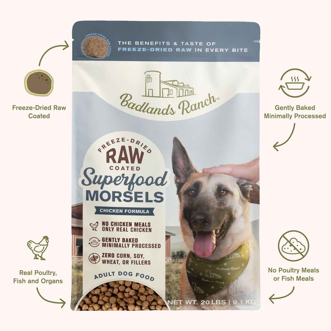 Badlands Ranch Morsel Superfood Dog Food, Chicken, 20 Pounds | Pet