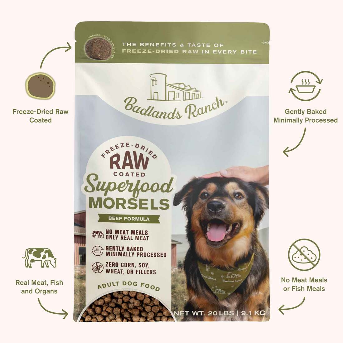 Badlands Ranch Morsel Superfood Dog Food, Beef, 20 Pounds | Pet