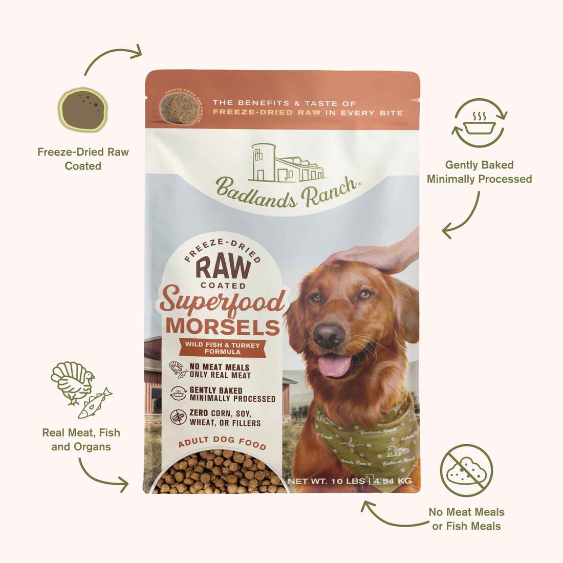 Badlands Ranch Morsel Superfood Dog Food, Wild Fish and Turkey, 10