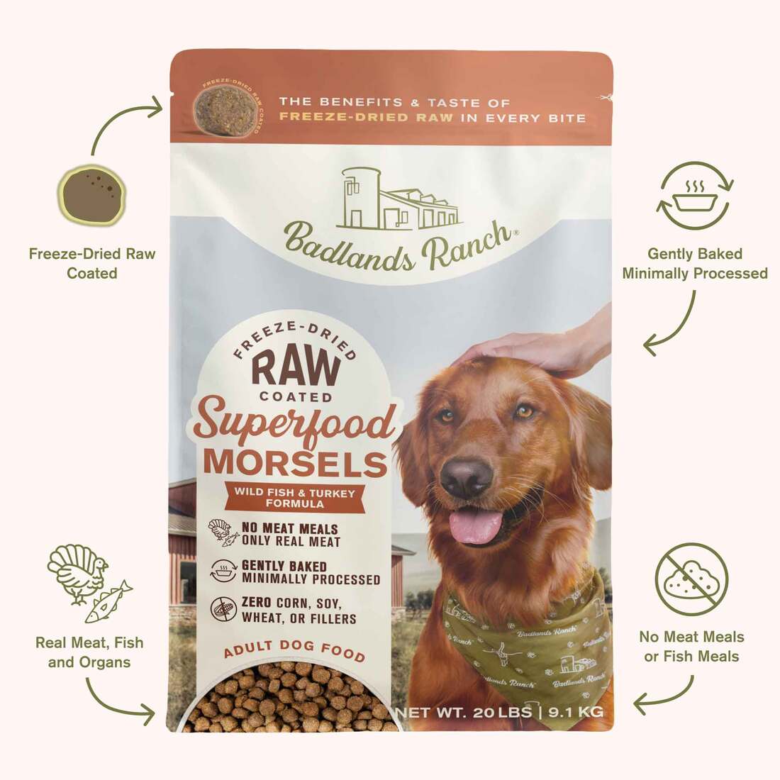 Badlands Ranch Morsel Superfood Dog Food, Wild Fish and Turkey, 20