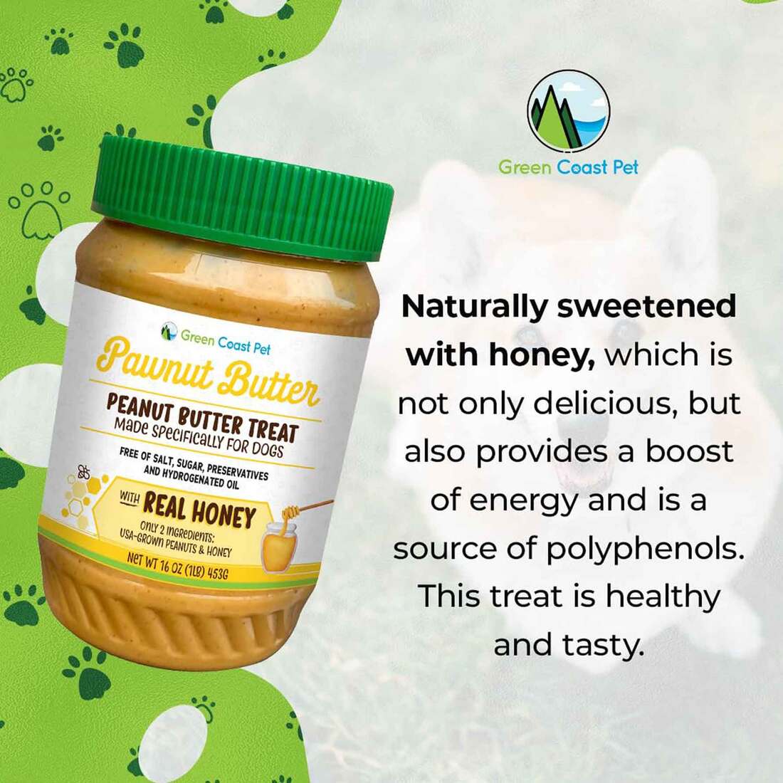 Green Coast Pawnut Butter with Real Honey Dog Treat, 16 Ounces