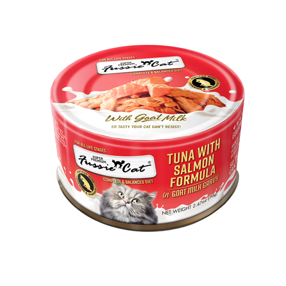 Fussie Cat Premium Wet Cat Food, Tuna with Salmon Formula in Goat Milk Gravy, 2.47 Ounces