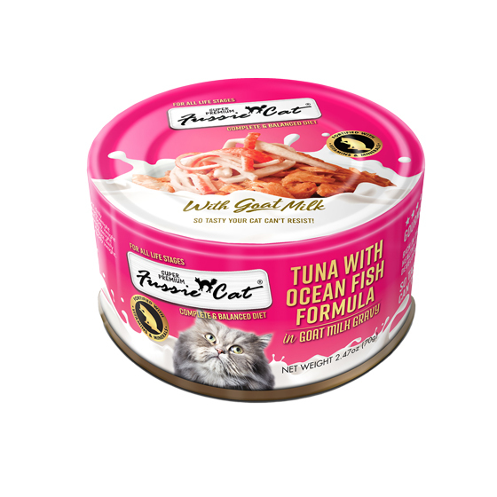 Fussie Cat Premium Wet Cat Food, Tuna with Ocean Fish Formula in Goat Milk Gravy, 2.47 Ounces
