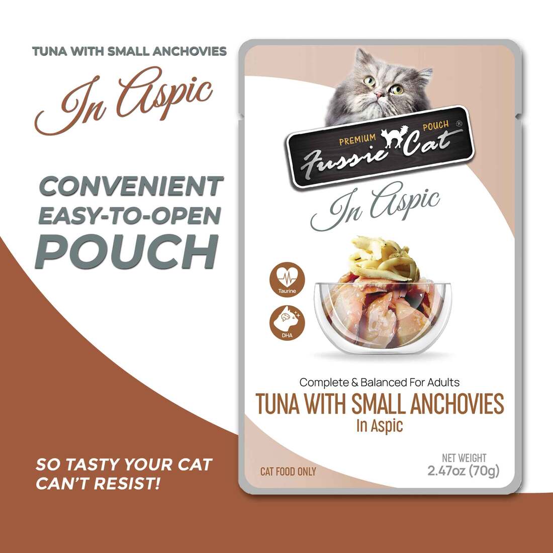 Fussie Cat Premium Wet Cat Food Pouch, Tuna with Smal Anchovies In Aspic, 2.47 Ounces