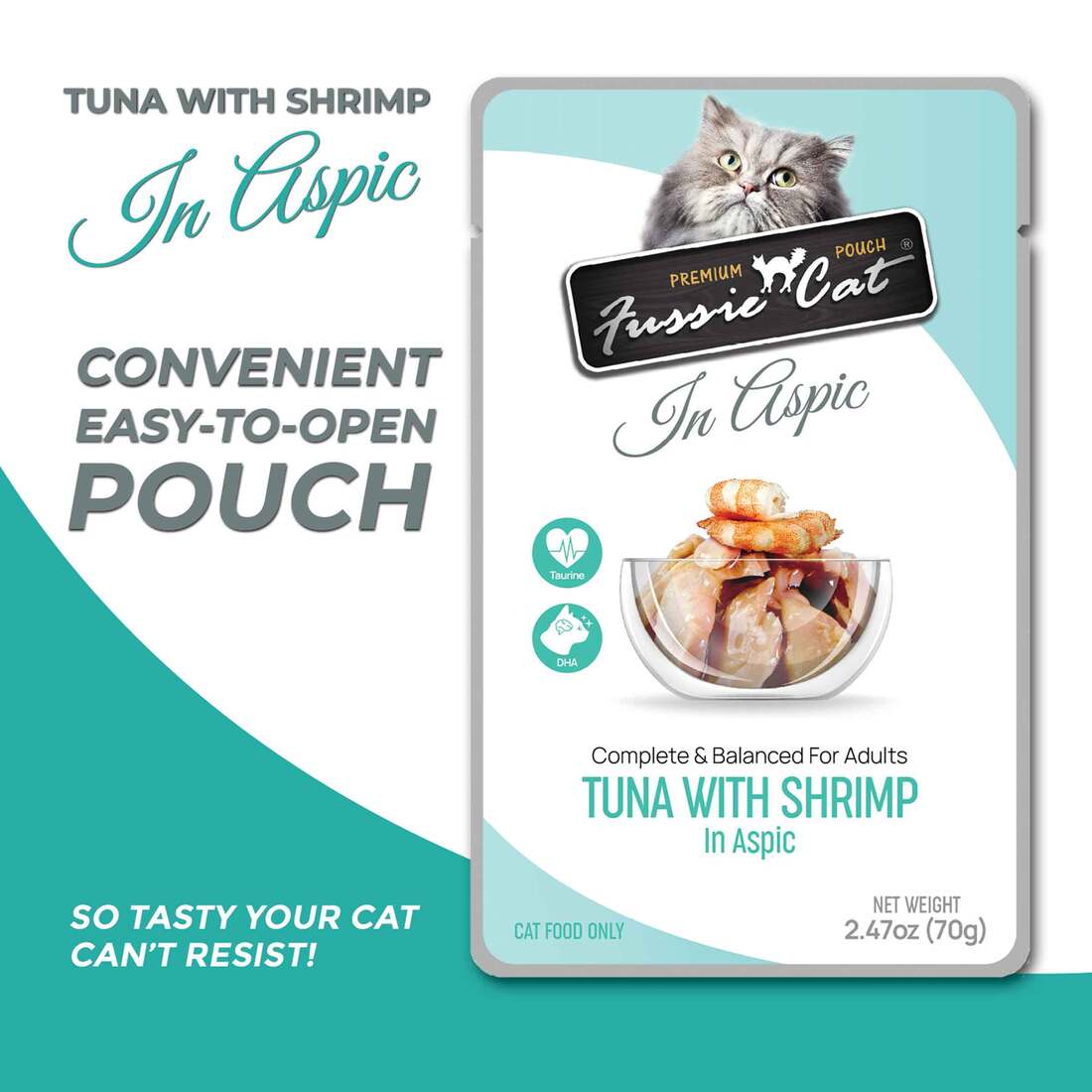 Fussie Cat Premium Wet Cat Food Pouch, Tuna with Shrimp In Aspic, 2.47 Ounces