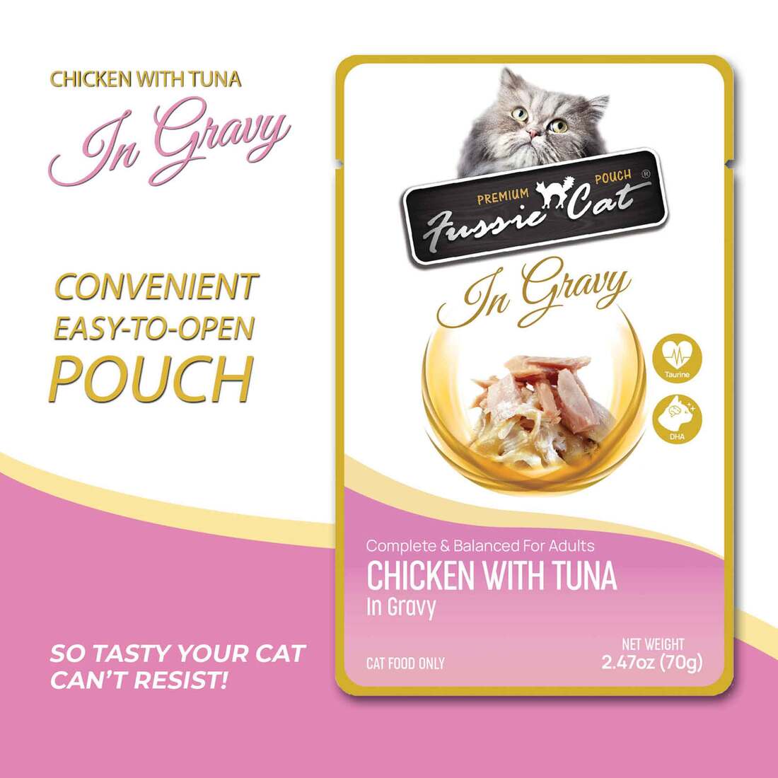 Fussie Cat Premium Wet Cat Food Pouch, Chicken in With Tuna in Gravy, 2.47 Ounces